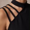 Cut-Out Mock Neck Sleeveless Top — Black, Fitted Strappy Shoulder