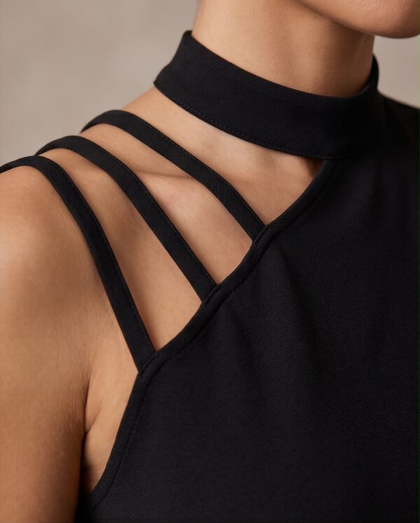 Cut-Out Mock Neck Sleeveless Top — Black, Fitted Strappy Shoulder