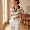 Striped Knit Polo Top — Cream & Brown with Cherry Embroidery