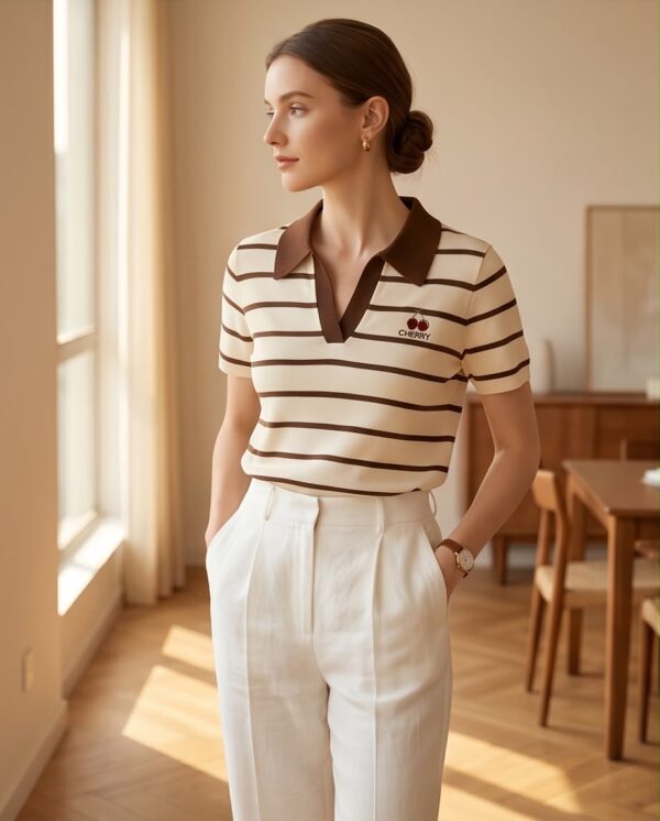 Striped Knit Polo Top — Cream & Brown with Cherry Embroidery