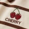 Striped Knit Polo Top — Cream & Brown with Cherry Embroidery