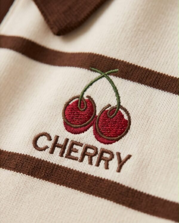 Striped Knit Polo Top — Cream & Brown with Cherry Embroidery