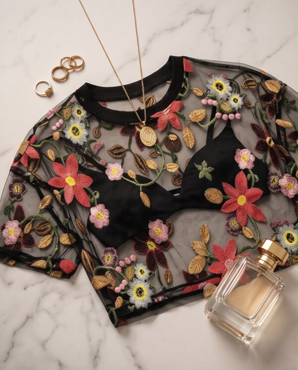 7138a654-c4bc-4638-81b3-57b563fc37fb Floral Embroidered Mesh Top — Sheer Black Tulle, Short Sleeve