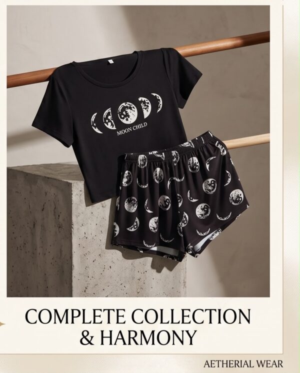 728684ec-bea7-42c5-b425-d78c7fcc8787 “Moon Child” Pyjama Set — Black Moon Phase Print Tee & Shorts