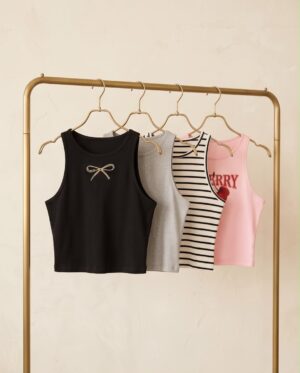 Ribbed Crop Tank Top Set (4 Pieces) — Black, Grey, Stripe & Pink