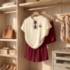 Cherry Bow Cotton Pyjama Set — Cream Tee & Burgundy Drawstring Shorts