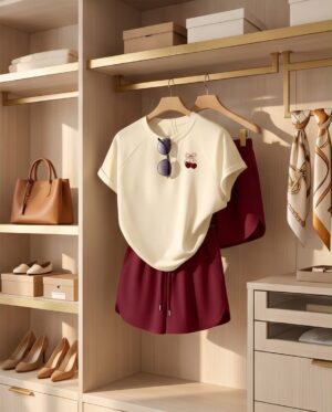 Cherry Bow Cotton Pyjama Set — Cream Tee & Burgundy Drawstring Shorts