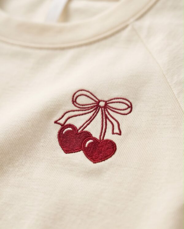 Cherry Bow Cotton Pyjama Set — Cream Tee & Burgundy Drawstring Shorts