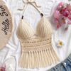 Crochet Fringe Halter Crop Top — Cream Bohemian Beach Top