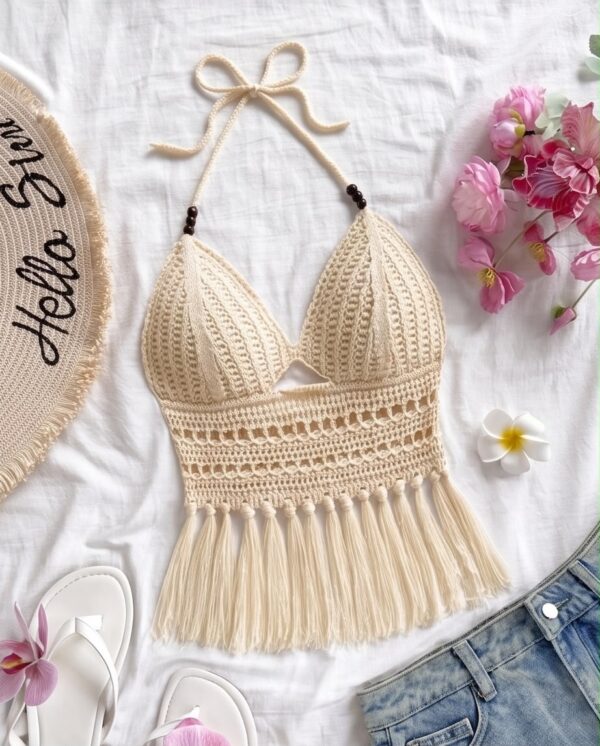 Crochet Fringe Halter Crop Top — Cream Bohemian Beach Top