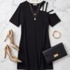 Cold Shoulder Cotton Mini Dress — Black, Asymmetric Strap Detail