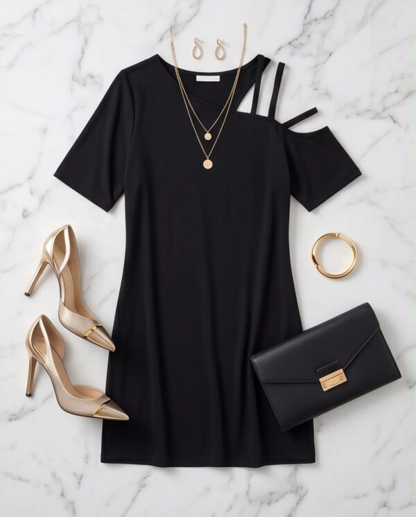 Cold Shoulder Cotton Mini Dress — Black, Asymmetric Strap Detail