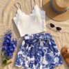 Scalloped Cami Top & Blue Floral Shorts Set — 2-Piece Summer Outfit