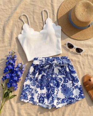 Scalloped Cami Top & Blue Floral Shorts Set — 2-Piece Summer Outfit