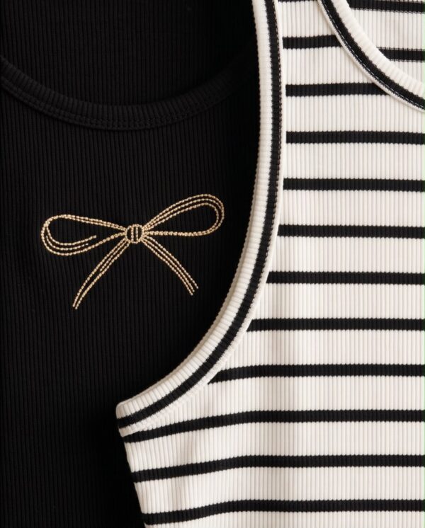 Ribbed Crop Tank Top Set (4 Pieces) — Black, Grey, Stripe & Pink