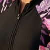 Black Zip-Front Swim Romper – Purple Tropical Print Sleeves