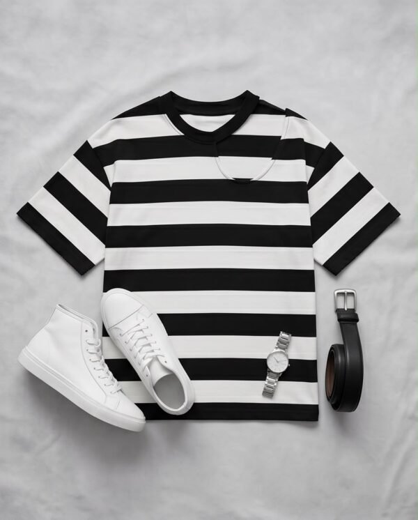 Striped Cut-Out Shoulder Oversized T-Shirt — Black & White, Cotton Blend