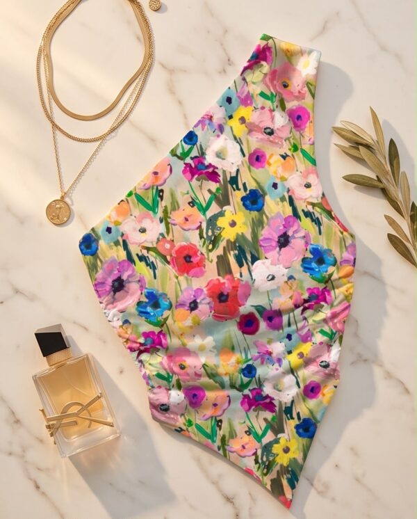 One-Shoulder Floral Print Top — Watercolour Meadow, Fitted Sleeveless