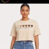 Heart Print Cropped T-Shirt — Beige Cotton, Short Sleeve
