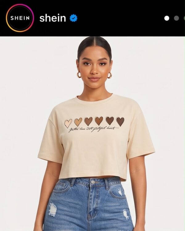 Heart Print Cropped T-Shirt — Beige Cotton, Short Sleeve