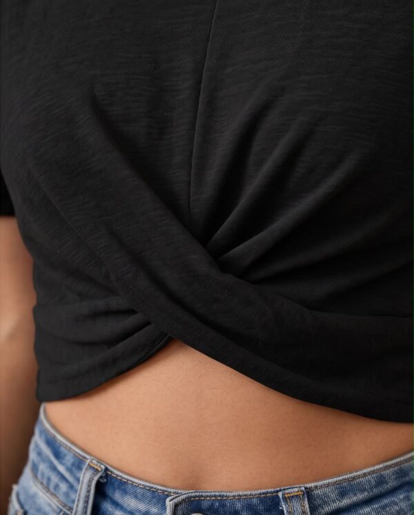 Twist Front Cropped T-Shirt — Black, Short Sleeve Cotton Blend