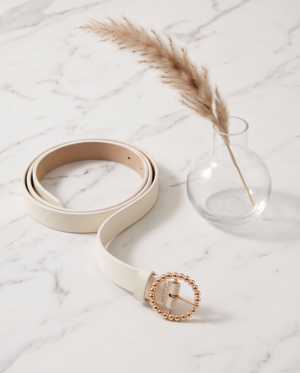 BS-ACC-003_3 White Belt with Gold Beaded Circle Buckle