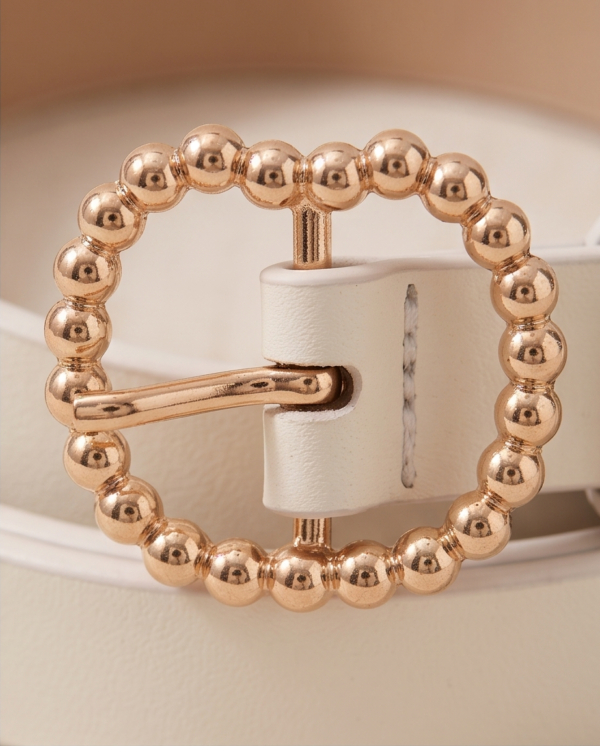 BS-ACC-003_4 White Belt with Gold Beaded Circle Buckle