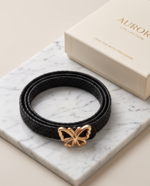 Black Braided Belt with Gold Butterfly Buckle