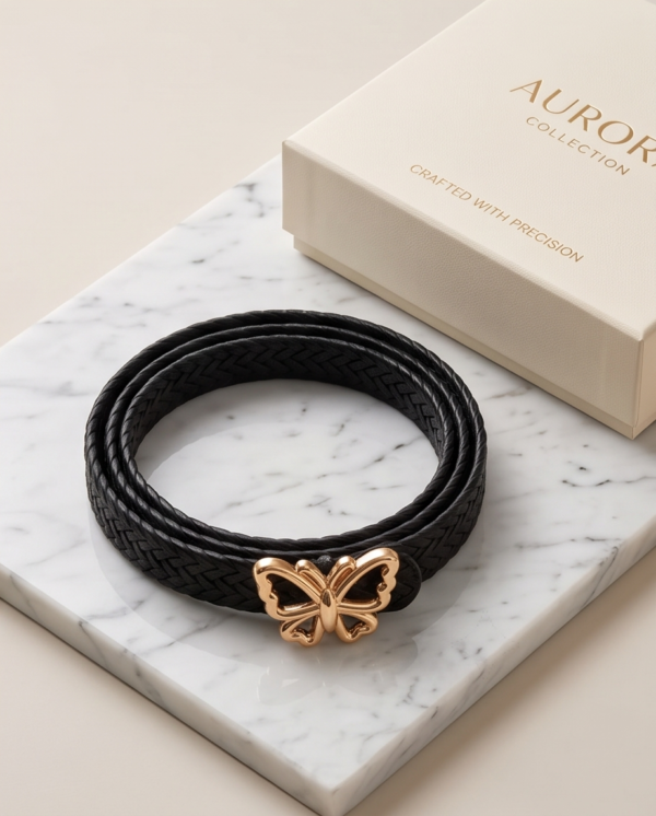Black Braided Belt with Gold Butterfly Buckle