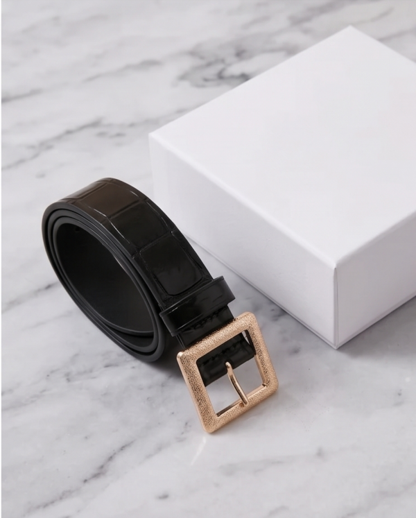 Black Croc-Embossed Belt with Gold Square Buckle