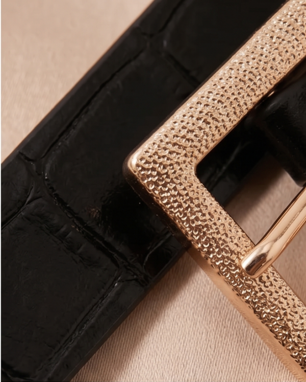 Black Croc-Embossed Belt with Gold Square Buckle