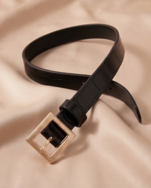 Black Croc-Embossed Belt with Gold Square Buckle