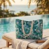 BS-ACC-007_1 Teal Tropical Leaf Print Canvas Tote Beach Bag