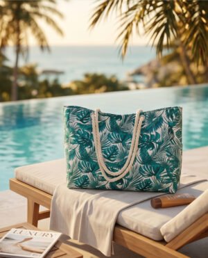 Teal Tropical Leaf Print Canvas Tote Beach Bag