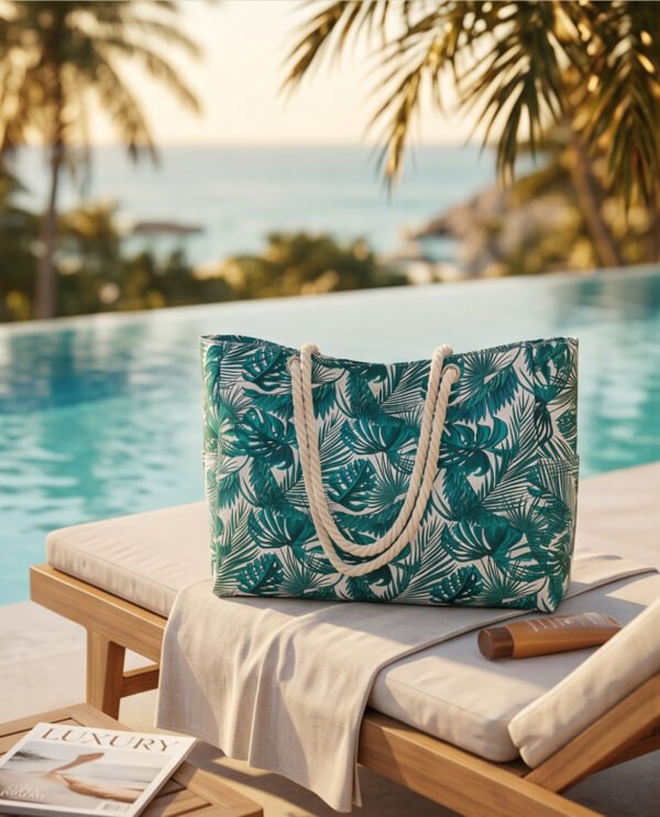 BS-ACC-007_1 Teal Tropical Leaf Print Canvas Tote Beach Bag