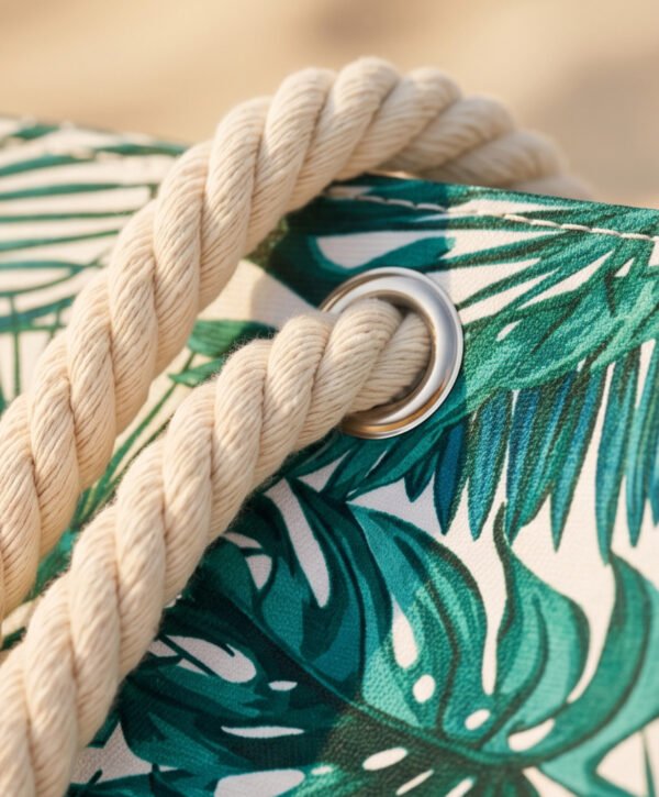BS-ACC-007_2 Teal Tropical Leaf Print Canvas Tote Beach Bag