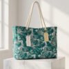 BS-ACC-007_3 Teal Tropical Leaf Print Canvas Tote Beach Bag