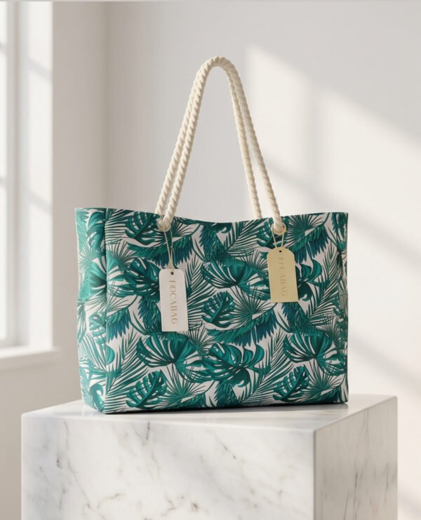 BS-ACC-007_3 Teal Tropical Leaf Print Canvas Tote Beach Bag