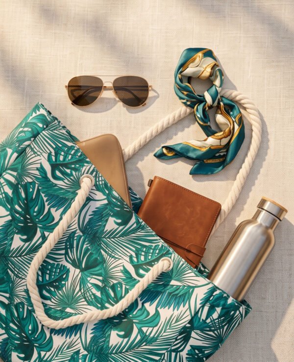 BS-ACC-007_4 Teal Tropical Leaf Print Canvas Tote Beach Bag