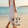 Cream Seashell Print Canvas Tote Beach Bag