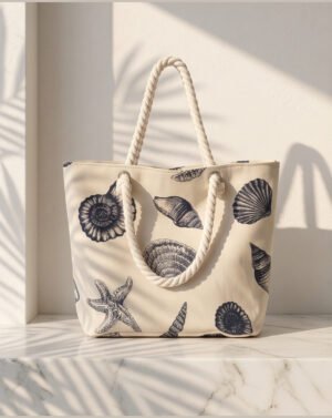 Cream Seashell Print Canvas Tote Beach Bag