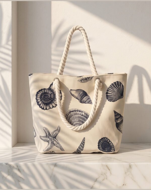 Cream Seashell Print Canvas Tote Beach Bag