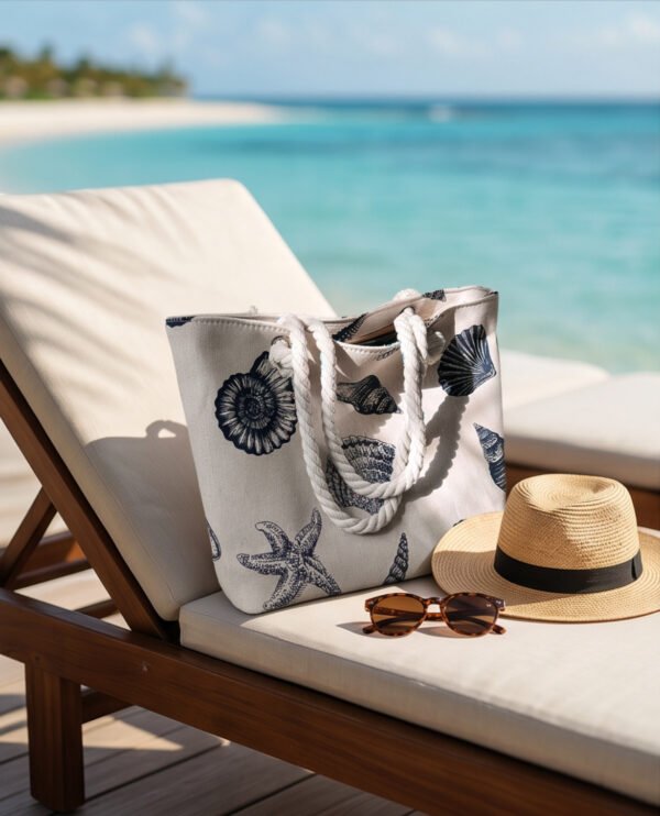 Cream Seashell Print Canvas Tote Beach Bag