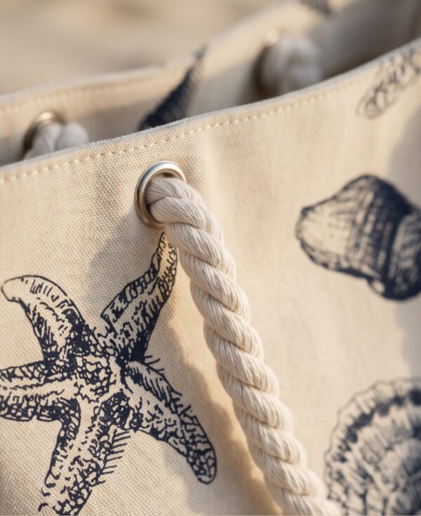 Cream Seashell Print Canvas Tote Beach Bag