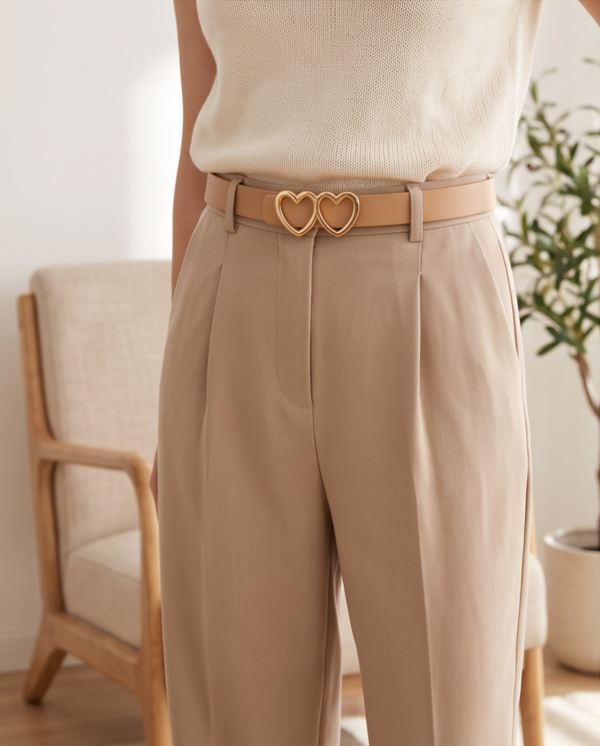 Beige Leather Belt with Double Heart Gold Buckle