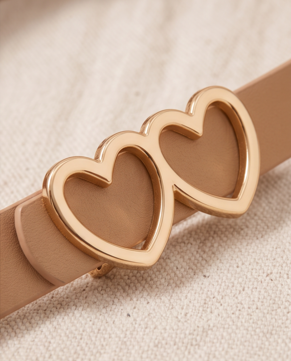 Beige Leather Belt with Double Heart Gold Buckle