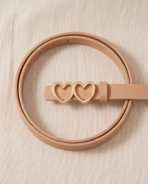 Beige Leather Belt with Double Heart Gold Buckle