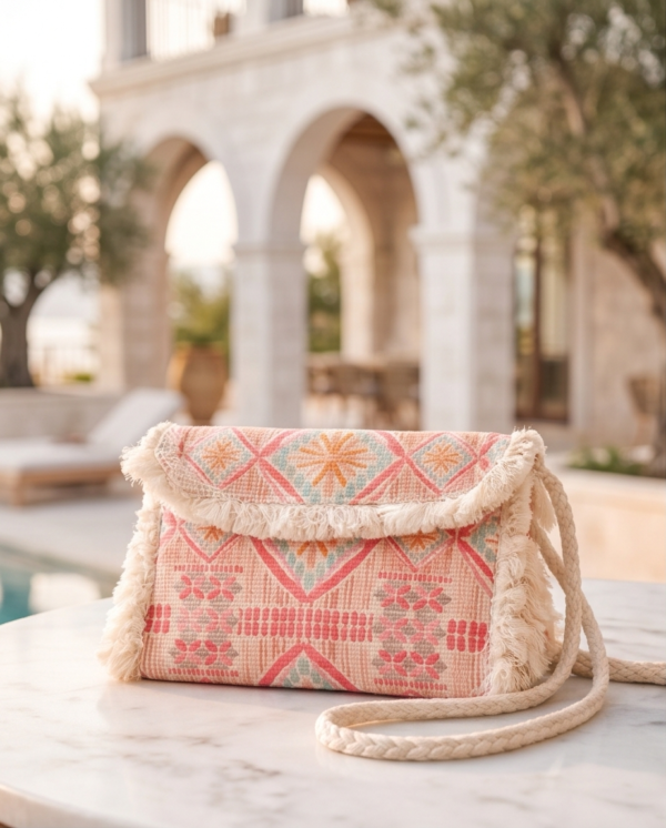 Pink Embroidered Boho Fringe Crossbody Bag