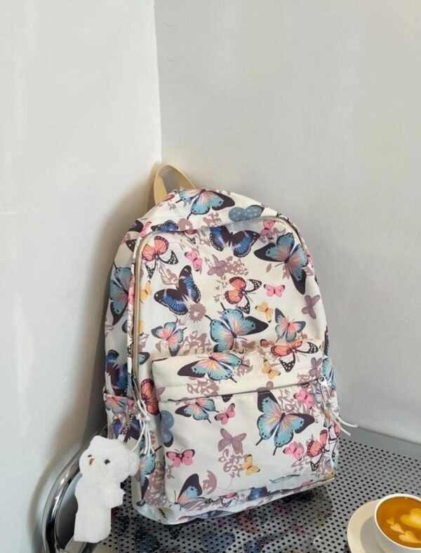 BS-ACC-023_1 White Butterfly Print Backpack with Plush Charm