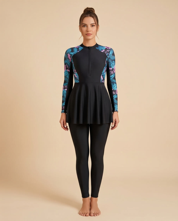 Black Zip-Front Burkini with Floral Sleeves